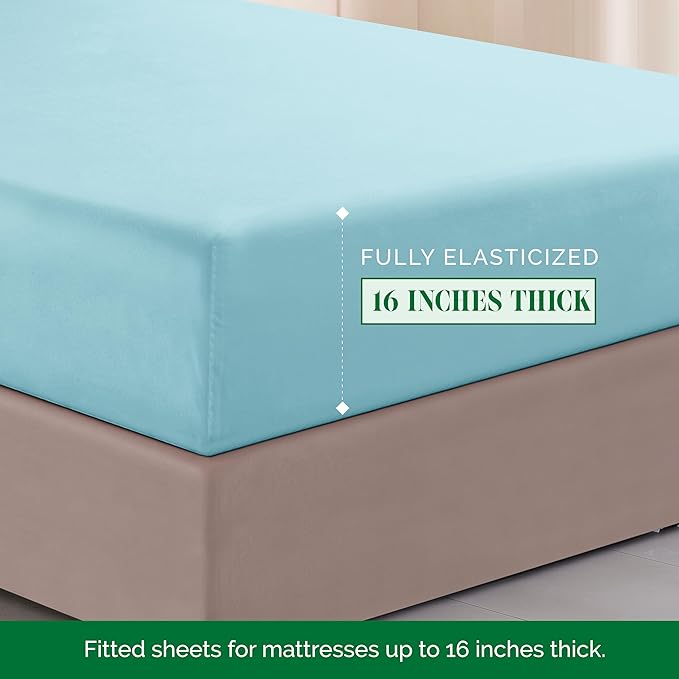 Elegant Comfort Luxurious 1500 Premium Hotel Quality Microfiber Three Line Embroidered Softest 4-Piece Bed Sheet Set, Wrinkle and Fade Resistant, King, Aqua Blue