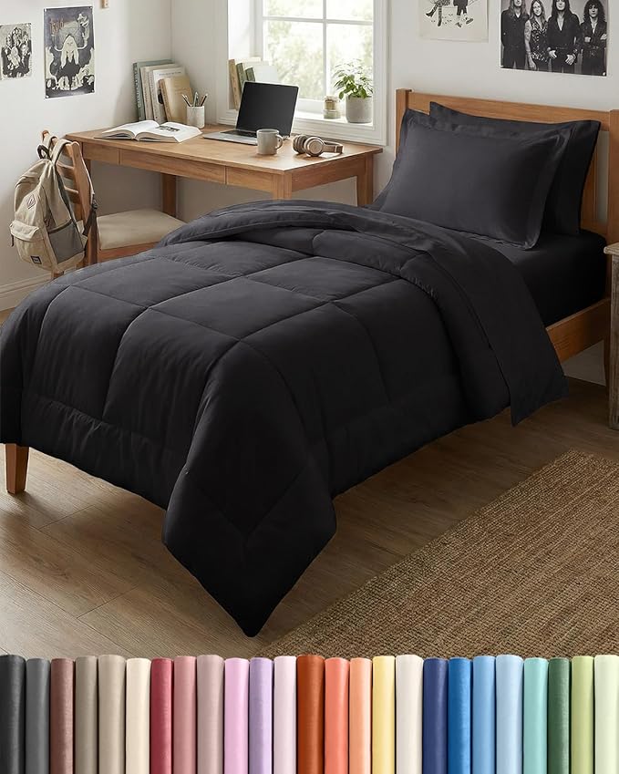 Twin XL Comforter Set - 5 Piece Bed in a Bag Twin XL Size Bed Set - Down Alternative Comforter, Flat Sheet, Fitted Sheet, Pillowcase & Sham for All Seasons - Ultra Soft, Comfy and Breathable - Black
