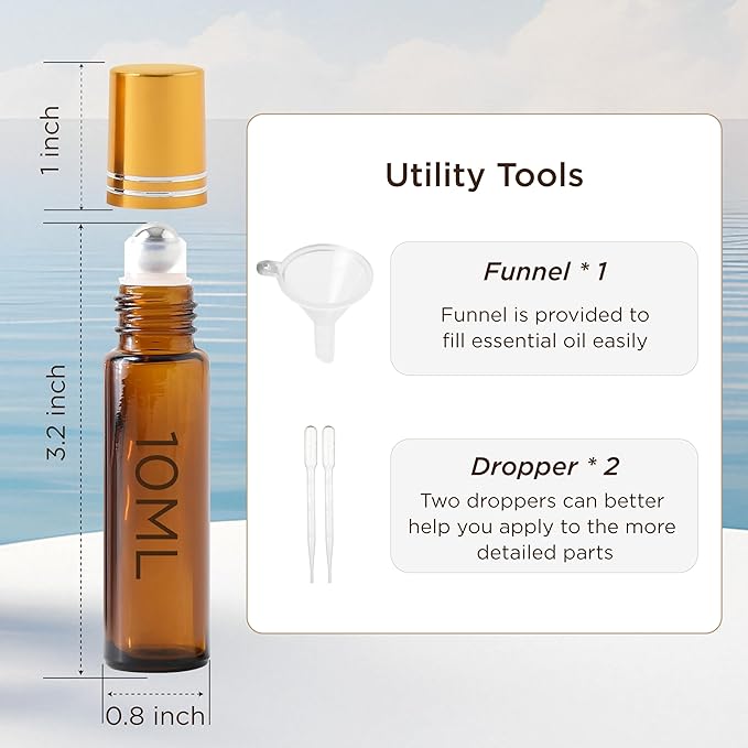Essential Oil Roller Bottles, 10ml Thick Glass Perfume Roller Bottles with Funnel Opener and Dropper Colored Glass Empty Bottles with Stainless Steel Roller Balls (Brown - golden cover, 12 Pack)