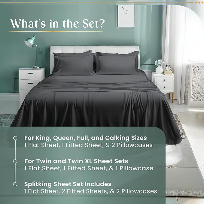 100% Cotton Sheets California King Size Sheets Set with Fitted Sheet & Pillowcase Sets, 800TC Sateen Weave 4PC 15" Deep Pocket CalKing Sheet Set, Soft & Comfy Luxury Bedding - Charcoal