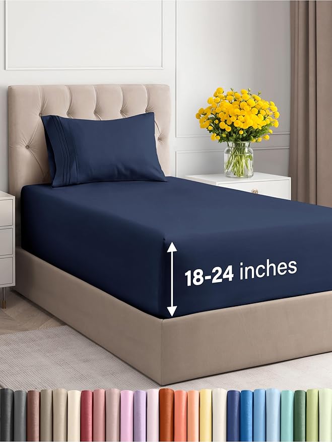 Extra Deep Twin Sheet Set - 3 Piece Breathable & Cooling Bed Sheets - Easily Fits 18 to 24 inch Mattress - Ultra Soft, Wrinkle & Fade Free with Extra Deep Pockets - Hotel Luxury Bedding - Navy Blue