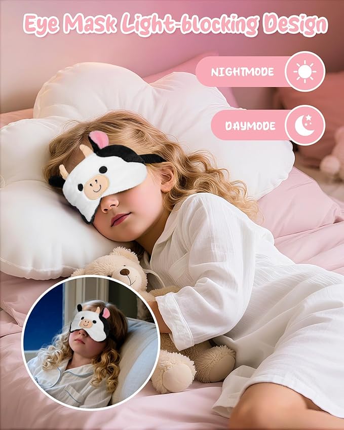 Miss Adola Sleep Mask for Kids - Valentines Gift for Kids Cute Plush Fuffy Sleeping Eye Cover Kawaii Soft Eyeshade Animal Eye Blindfold for Girls Boys Teens with Adjustable Strap, Cow