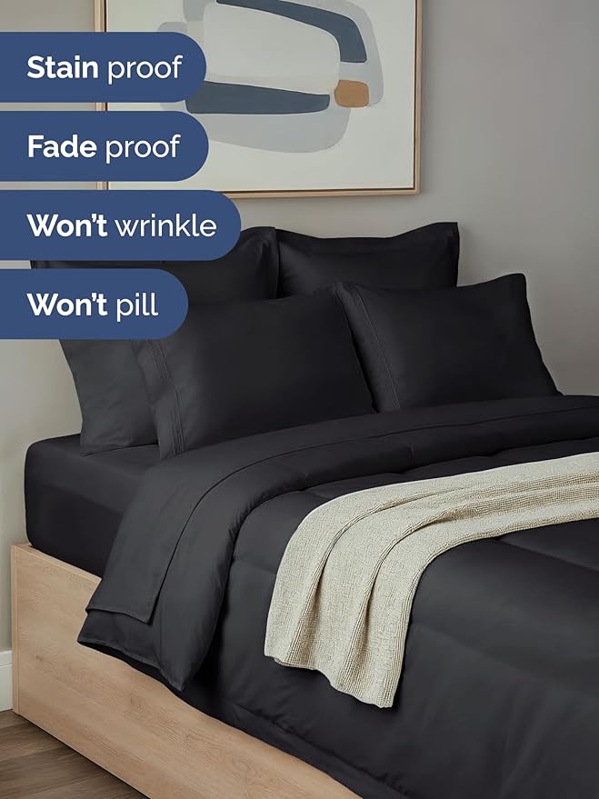 Full Comforter Set - 7 Piece Bed in a Bag Full Size Bed Set - Down Alternative Comforter, Flat Sheet, Fitted Sheet, Pillowcase & Shams for All Seasons - Ultra Soft, Cozy, Comfy and Breathable - Black