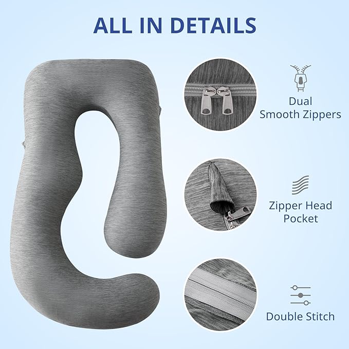 Sasttie Cooling Pregnancy Pillow Cover, 57-inch U Shaped Pregnancy Pillow Case, Fits 55 to 57 Inch Maternity Pillow, Grey (No Pillow Insert)