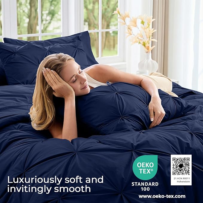 Sasttie Queen Comforter Set, 7-Piece Bed in a Bag, Pintuck Bedding Sets for All Season, Includes Comforter, Flat Sheet, Fitted Sheet, Pillowcases and Pillowshams, Navy