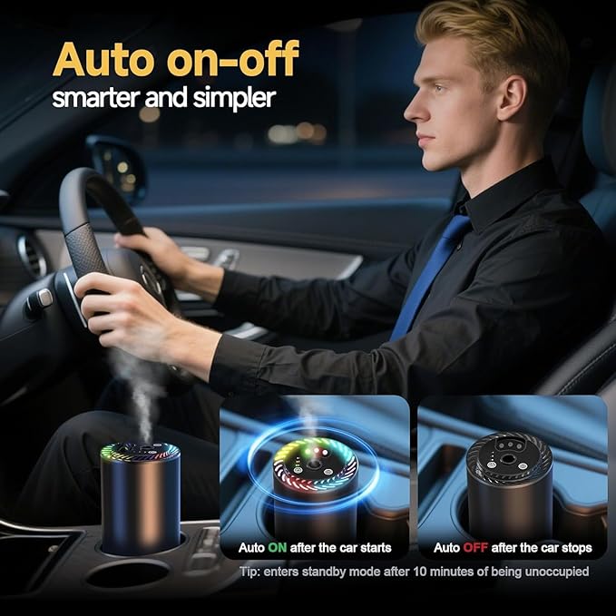 Smart Car Air Freshener with Star Light & 150ml Diffusers Oil Refills, Auto On/Off Aroma Diffuser, 3 Adjustable Modes Rechargeable Aromatizante para Carro - Car Diffuser（Mahogany Teakwood*3）