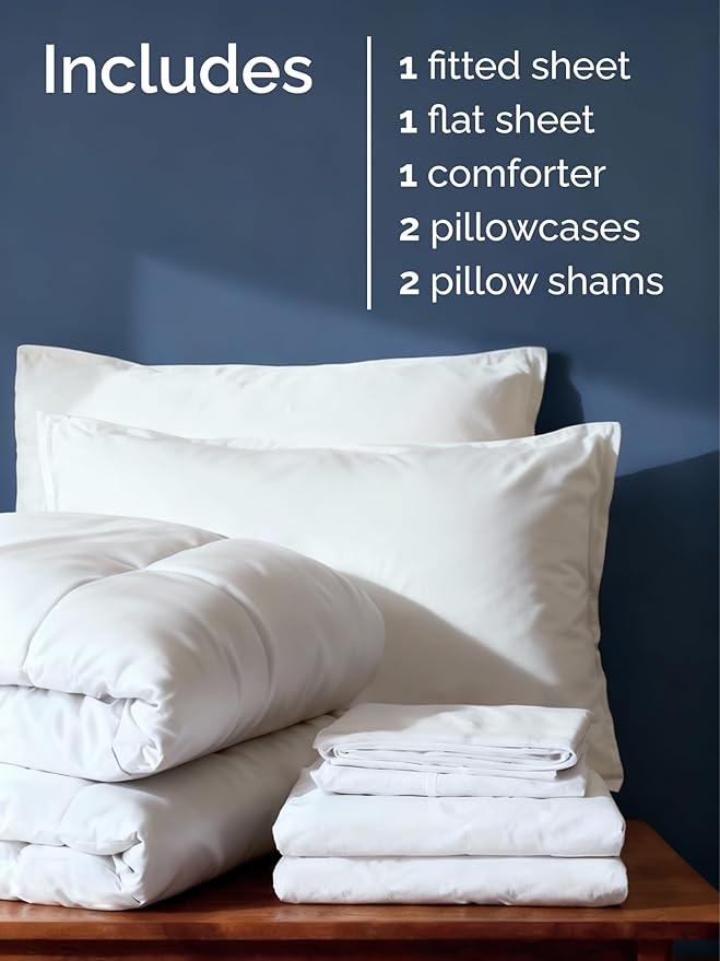Full Comforter Set - 7 Piece Bed in a Bag Full Size Bed Set - Down Alternative Comforter, Flat Sheet, Fitted Sheet, Pillowcase & Shams for All Seasons - Ultra Soft, Cozy, Comfy and Breathable - White