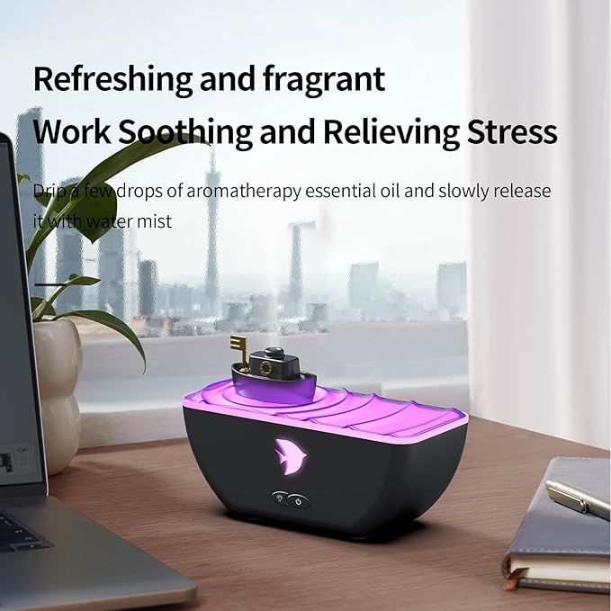 Essential Oil Diffuser, Boat Quiet Portable Humidifier 300ml Aroma Diffuser, with 7 Colors Light, and Auto-Off, for Bedroom,Home,Office,Desk (Black)