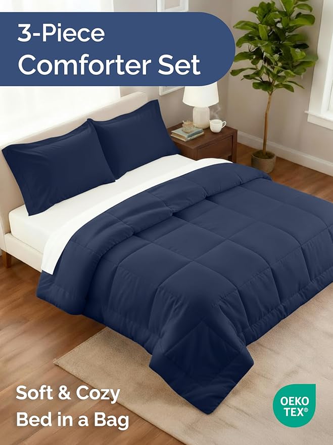 Full Comforter Set - 3 Piece Bed Set for All Seasons - 1 Soft Quilted Comforter w/ Corner Tabs & 2 Pillow Shams - Comfy, Cozy & Breathable - Premium Down Duvet Insert - Oeko-TEX - Full Size, Navy Blue