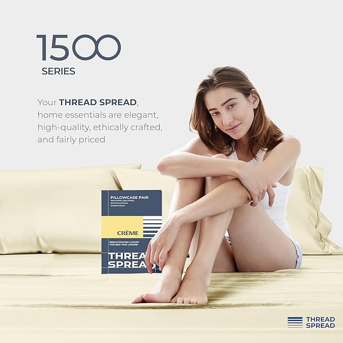 THREAD SPREAD 100% Egyptian Cotton Pillow Cases Queen Size Set of 2 - Luxury 1500 Series Queen Pillow Cases (Ivory), Soft Cooling Envelope Closure Hotel Quality Egyptian Cotton Pillowcases