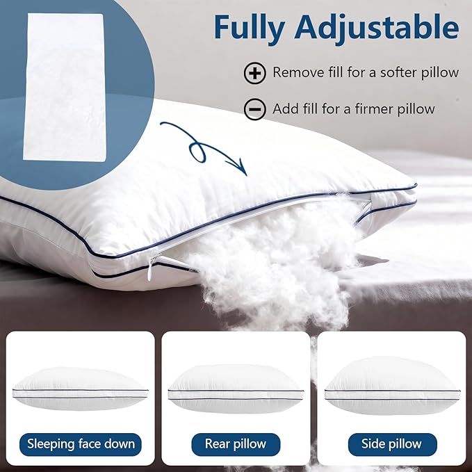 Hotel Luxury Down Alternative Pillows Standard Size Set of 2, Overfilled Gusseted Bed Pillows with Cooling Microfiber, Machine Washable & Breathable for Side, Back, Stomach Sleepers (White)