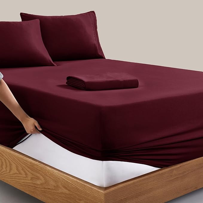 Manyshofu Extra Deep Pocket Full Size Sheets Set - Hotel Luxury 1800 Thread Count Sheets & Pillowcases - Kids Bedding Set up to 24" Mattress - Burgundy Bed Sheets 18-24 Inch Deep Pockets - 4 Piece
