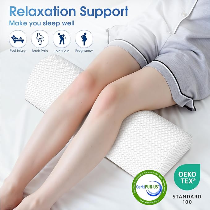 TranquilRelax 2 Pack Knee Pillow for Back Sleeping Memory Foam Half Moon Bolster Pillow for Legs, Under Knee Support, Ankle & Foot Comfort Orthopedic Pillow for Side Sleepers, White