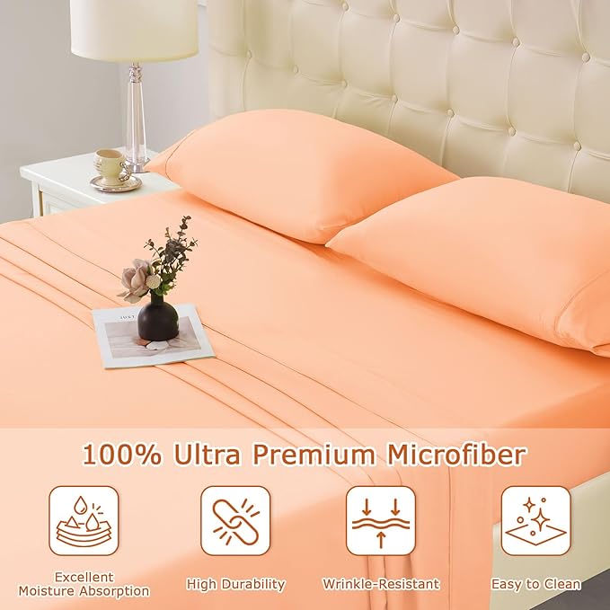 Twin Size Bed Sheet Set - 3 Piece Soft Microfiber Sheets with Deep Pockets, Cooling Technology, and Wrinkle-Free Pillowcase. Hotel-Quality, Durable Bedding, Peach Fuzz