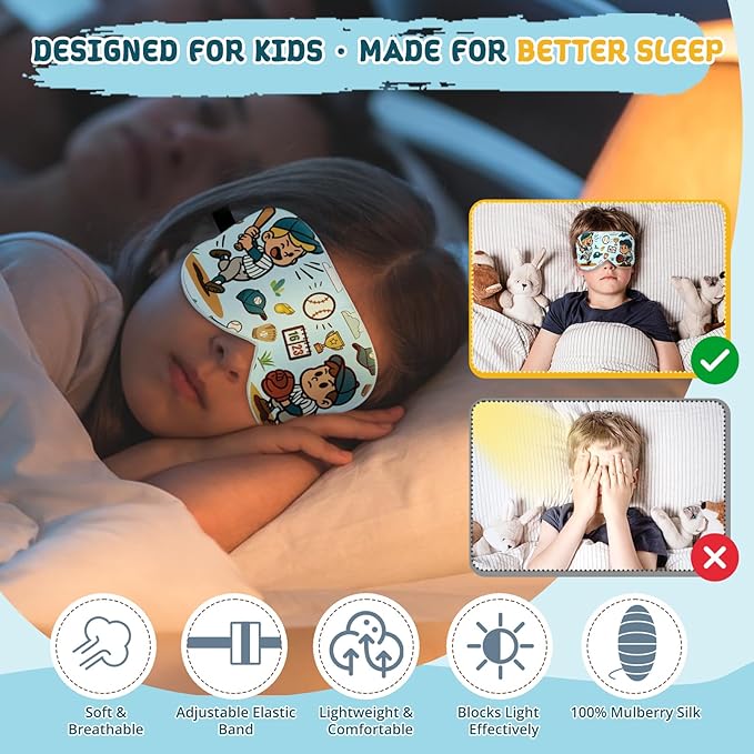 Kids Sleep Mask – 100% Mulberry Silk Eye Mask with Adjustable Strap, Soft Light Blocking Sleeping Mask for Children, Cute Printed Eye Cover for Boys Girls Ages 5-15 (Baseball Style)