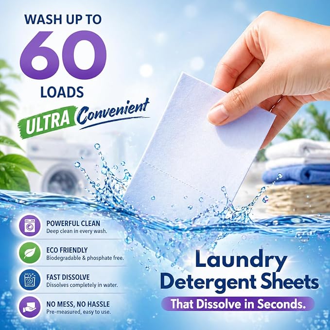 Laundry Detergent Sheets – 240 Eco Laundry Sheets Detergent, Travel Laundry Soap Sheets, Washer Sheets Detergent, Ultra Concentrated, Plastic-Free, Fresh Clean, 180 Sheets