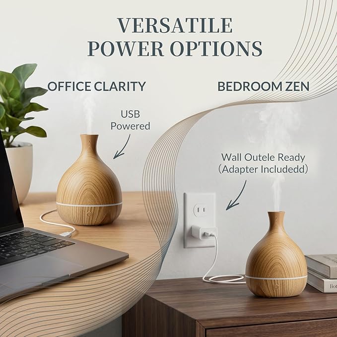 Essential Oil Diffuser with Adapter, 100ml Small Aromatherapy Scent Machine for Home & Office Desk, 7 Color LED Cool Mist Humidifier, Auto Shut-Off, Wood Grain
