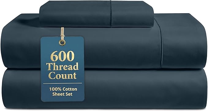 LANE LINEN Twin Sheet Set - 600 Thread Count Premium Sateen Weave for Silky Feel On Skin - Cooling Sheets for Deep Sleep - Securely Fits Mattresses Upto 15'' Deep - Oeko Tex Certified - Estate Blue