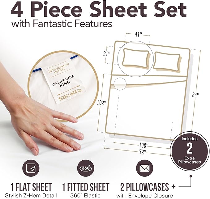 TEXAS LINEN CO. 100% Egyptian Cotton Sheets California King Size - Snoozin' Supreme Collection 2000 Series Luxury Cal King Sheet Set, Sateen, 17” Extra Deep Pocket Hotel Sheets (4 Pc, White)