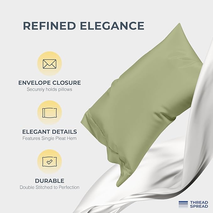 THREAD SPREAD 100% Egyptian Cotton Pillow Cases Queen Size Set of 2 - Luxury 1500 Series Queen Pillow Cases (Sage Green), Soft Cooling Envelope Closure Hotel Quality Egyptian Cotton Pillowcases