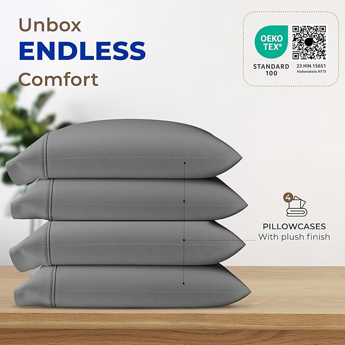 Thread Spread 100% Egyptian Cotton King Size Pillow Cases Set of 4 - Luxury 1000 Series Paradise Collection Pillow Cases King Size (Pack of 2, Dark Grey), Soft Hotel Egyptian Cotton Pillowcases