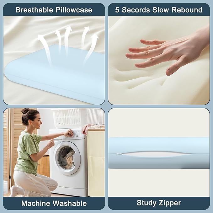 Blue Memory Foam Pillows Set of 2, Bed Pillows with Cooling Removable Cover, Neck Support for Back Stomach Side Sleepers, 2 Pack