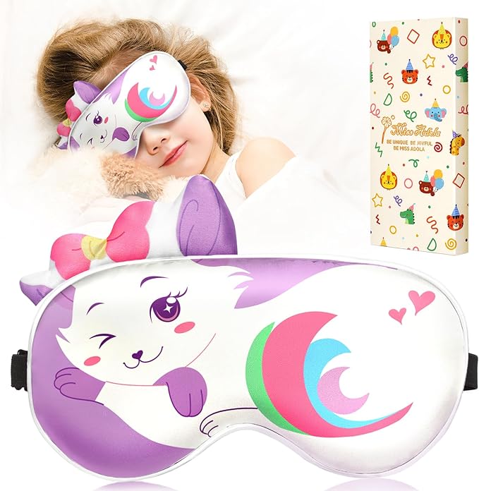 Miss Adola Sleep Mask for Kids - Valentines Gift for Kids Cute Silk Eye Cover for Sleeping Soft Kawaii Eyeshade Animal Eye Blindfold with Adjustable Strap for Girls Teens, Cat