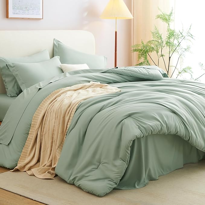 CozyLux Oversized King Comforter Set Sage Green, 7 Pieces Bed in a Bag Comforter Set with Sheets, Soft Bedding Sets with Down Alternative Comforter, Fitted Sheet, Flat Sheet, Pillowcases and Shams