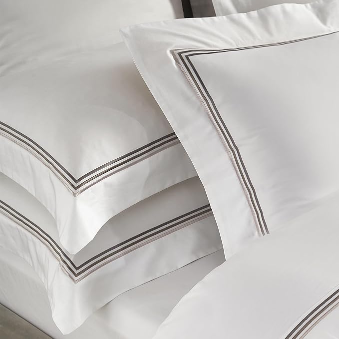 White Pillow Shams Standard Size Set of 2, 100% Cotton Luxury Hotel 3-Lines Embroidered Pillowcases, 400TC Sateen Weave Decorative Pillow Cases with Envelope Closure for Bedding, 20x26 Inches