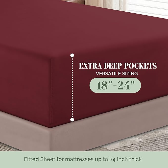 Elegant Comfort Luxury 1500 Premium Hotel Quality Microfiber 4-Piece Sheet Set - Soft, All Around Elastic 18-24 Inches Deep Fitted Sheet - Extra Deep Pocket Sheets, Full, Burgundy