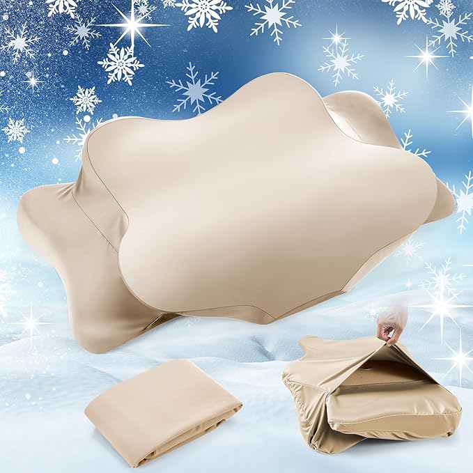 Hahafelt Cooling Cervical Pillowcase Cover with Envelope Closure (Only Pillow Case) Ergonomic Neck Pillowcase Smooth Soft Cool Pillow Cover for Side Back Stomach Sleepers(Champagne,Queen Size)
