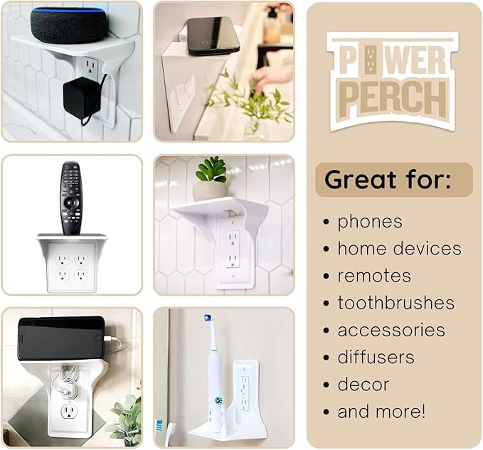 Power Perch Horizontal Wall Outlet Shelf with Cord Storage Strap - Declutter & Reclaim Bathroom Counter Space - Alexa Stand, Apple Homepod Shelf, Toothbrush Holders Wall Mounted - White, 1-Pack