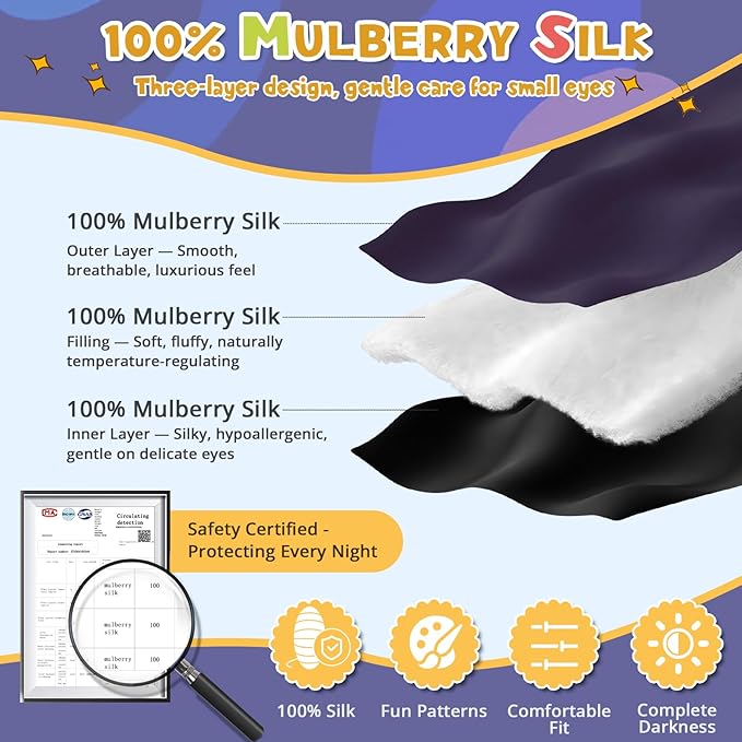 Silk Kids Sleep Mask: 100% Mulberry Silk Eye Mask, Sleeping Masks with Adjustable Strap, Soft & Light-Blocking Printed Kid Eye Cover for Boys Girls Teens Aged 5-15 (Space Dog Theme)