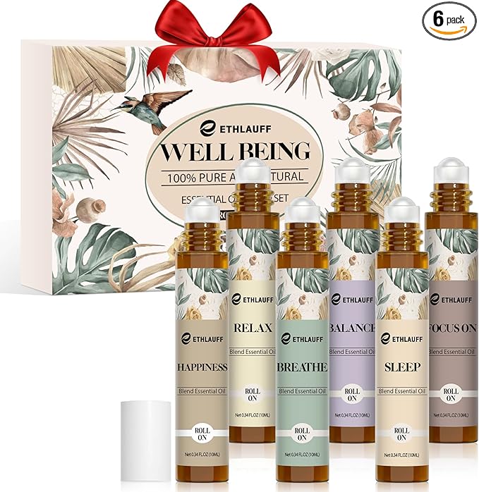 Essential Oils Roll On Set - (Relax, Sleep, Breathe, Focus on) Aromatherapy Oil with Roller Ball, Essential Oils for Skin - Self Care Gift for Women