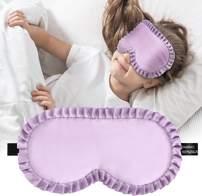 Kids Sleep Mask Eye Cover, 100% Real Mulberry Silk Sleep Mask with Adjustable Strap, Kids Blindfold for Sleeping, Boys Girls Eye Shade for Ages 5+, Soft and No Pressure (Purple)