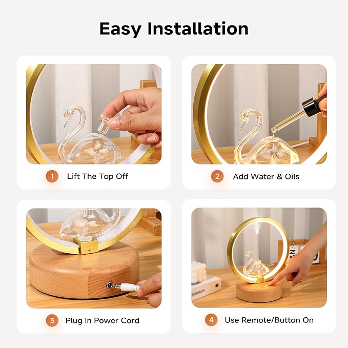 DAROMA Swan Handmade Glass and Wood Essential Oil Diffuser, Portable Waterless Metal Ring Aromatherapy Diffuser with Auto Off & Adjustable Mood Light, Ideal for Home, Office, Bedroom