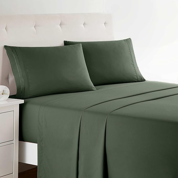Clara Clark Bed Sheets, Premier 1800 Series Bed Sheet Set, Deep Pocket, Wrinkle, Fade, Stain Resistant, Luxury Soft Bedding Sheets & Pillowcases, Twin, Olive Green