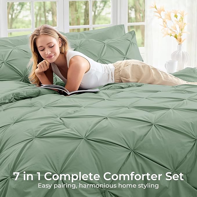 Sasttie Full Size Comforter Set, 7-Piece Bed in a Bag Double, Pintuck Bedding Set for All Season, Includes Comforter, Flat Sheet, Fitted Sheet, Pillowcases and Pillowshams, Sage Green
