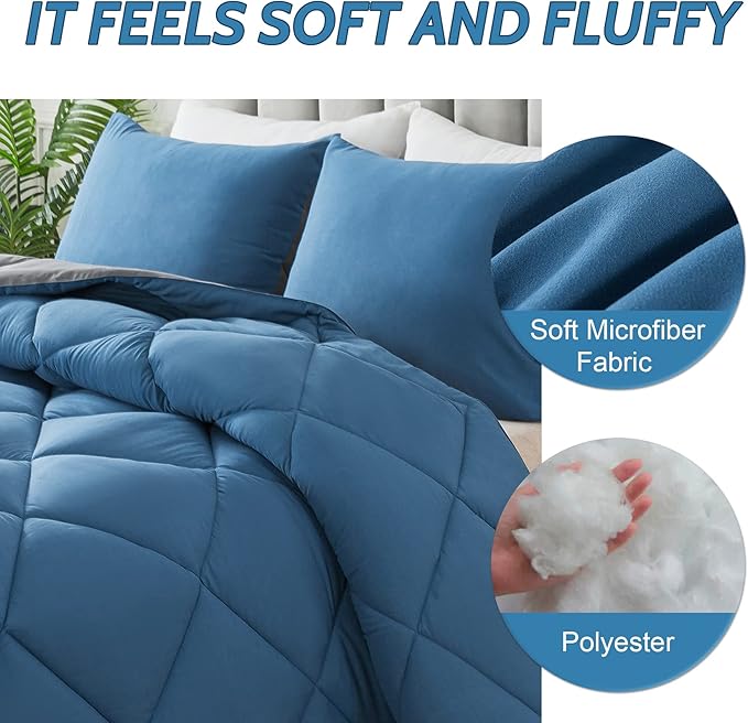 Decroom Lightweight King Comforter Set with 2 Pillow Sham - 3 Pieces Set - Quilted Down Alternative Comforter/Duvet Insert for All Season - Grayish Blue/Grey - King Size