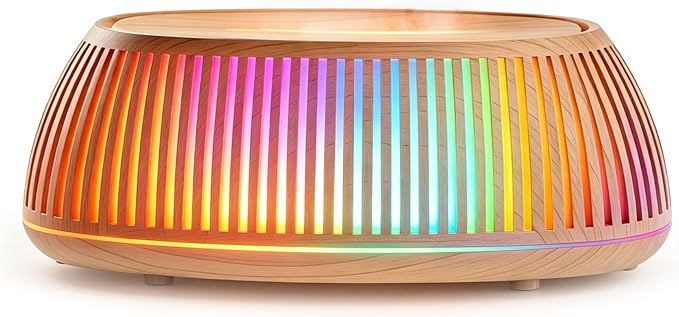 Flame Essential Oil Diffuser 150ml, Ultrasonic Aromatherapy Diffuser with 7 Color Lights, 1/2/4H Timer, Auto Shut-Off for Home Office Bedroom (Wood)