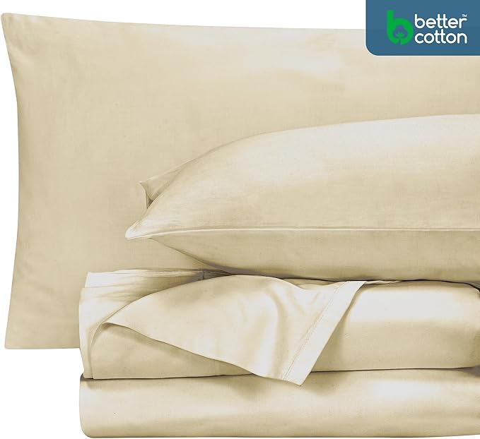 ROYALE LINENS 400 Thread Count 100% American Grown Cotton 4 Piece Sateen Queen Sheet Set - 1 Fitted Sheet, 1 Flat Sheet, 2 Pillow case - Taupe Queen Bedsheet - Cotton Sheets - (Queen, Moroccan Sand)