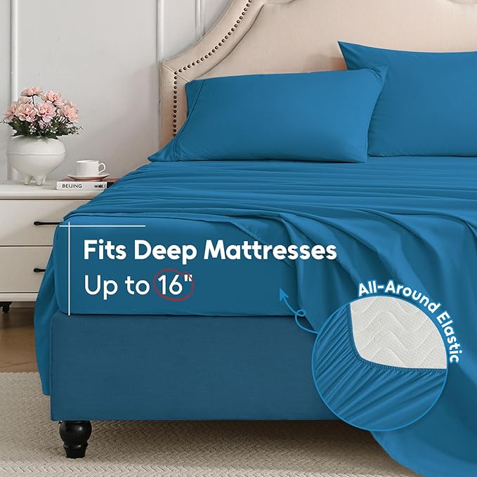 Twin Sheets Set, 3 Pieces Hotel Luxury Soft Microfiber Bed Sheets Set, Up to 16" Deep Pockets, Oeko-Tex Sheets with Elastic, Breathable, Wrinkle Free (Peacock Blue,Twin)