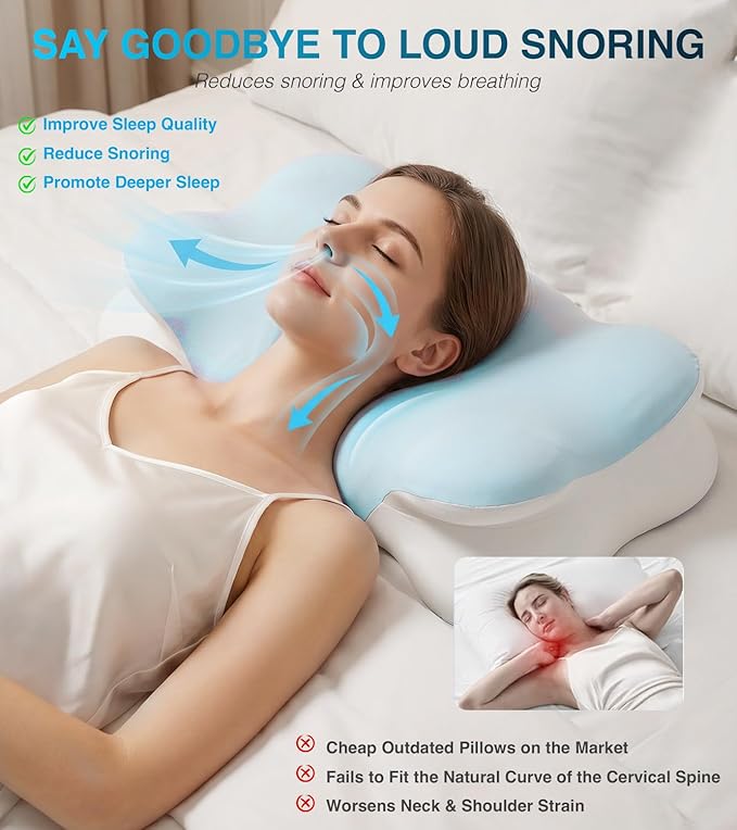 Ergo Pillow for Sleep Apnea, Cervical Neck Pillow for Neck Pain & Snoring Relief, Ergonomic Cooling Memory Foam Contour Bed Pillow, Orthopedic Neck Support for Side Back Stomach Night Sleepers