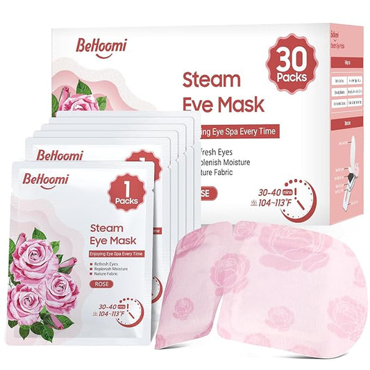 BeHoomi 30Packs Steam Eye Mask, Heated Eye Mask Warm Compress for Eyes, Self Heating Disposable Steam Mask for Home Sleep, Spa, Travel Essentials & Relaxation Gifts, Mothers Day Gifts (Rose)