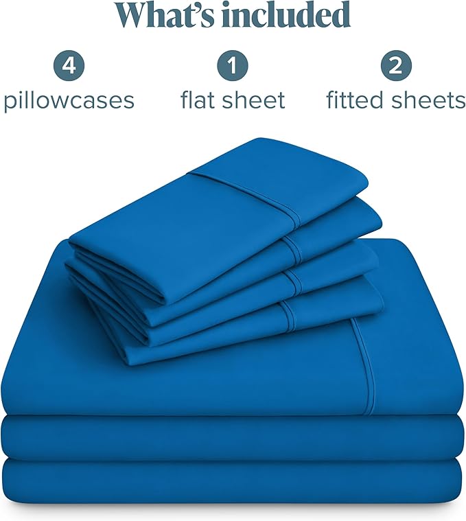 Bare Home Hotel Luxury Split King Sheet Set, Extra Soft, 7 Piece Set, Deep Pockets, Easy Fit, Cooling & Breathable, Wrinkle, Fade, Stain Resistant, Includes 4 Pillowcases (Split King, Medium Blue)