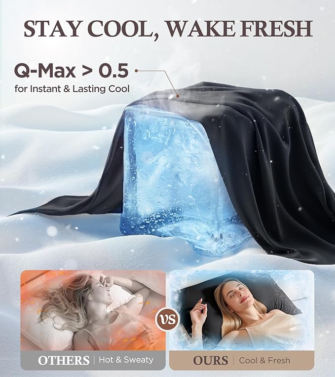 Instant Chill Cooling Pillowcase for Hot Sleepers, 2% HA Infused Pillowcase Hydrates Skin & Hair, Reduces Wrinkles & Frizz, Softer Than Silk Pillow Cases, Pillow Covers Standard (Black, 1 Pack)