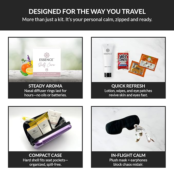 Essence Travel Amenity Kit | Travel Essentials & Travel Size Toiletries Kit | 5-Pack Nasal Diffuser Rings, Sleep Mask, Lotion & Hygiene Kit | Travel Toiletry Kit for Women | White Case
