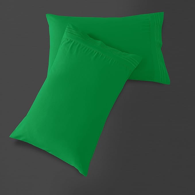 Mocassi 2-Piece Premium Standard/Queen Pillowcase Set 1800 Series Hotel Quality Microfiber - Soft and Breathable with 3-Line Embroidery Wrinkle and Stain Resistant, Easy Care, 20" x 30", Royal Green