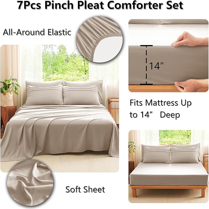 CozyLux Full Size Comforter Sets Wheat, 7 Pieces Soft Pinch Pleat Bed in a Bag Full Comforter Set with Sheets, Boho Bed Set with Down Alternative Comforter, Sheets, Pillowcases & Shams