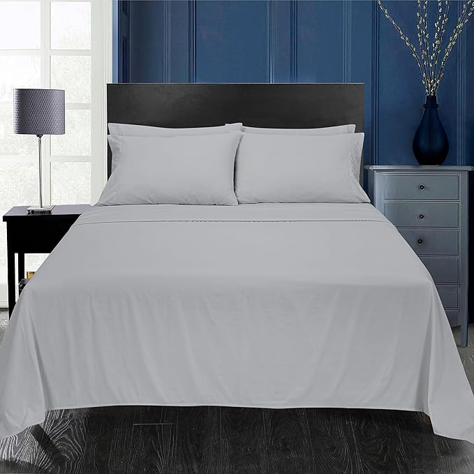 ROYALE LINENS 1500 Thread Count Poly/Cotton Cooling Sateen Sheet Set - 6 Piece California King Bed Sheets - 1 Fitted, 1 Flat, 4 Pillow Cases -Soft Cool & Crisp Sheet Set (Cal King, Glacier Grey)